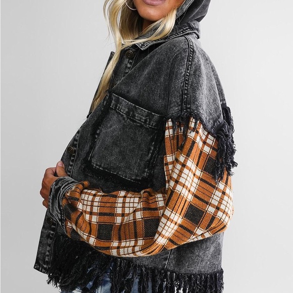 Gilded Intent denim fringe and plaid jacket - Picture 2 of 8